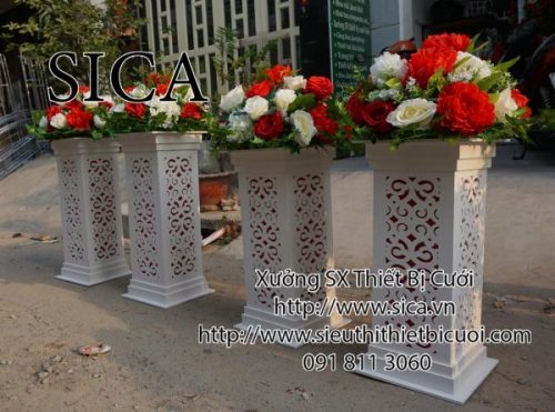 Đôn CNC trang trí hoa trắng đỏ